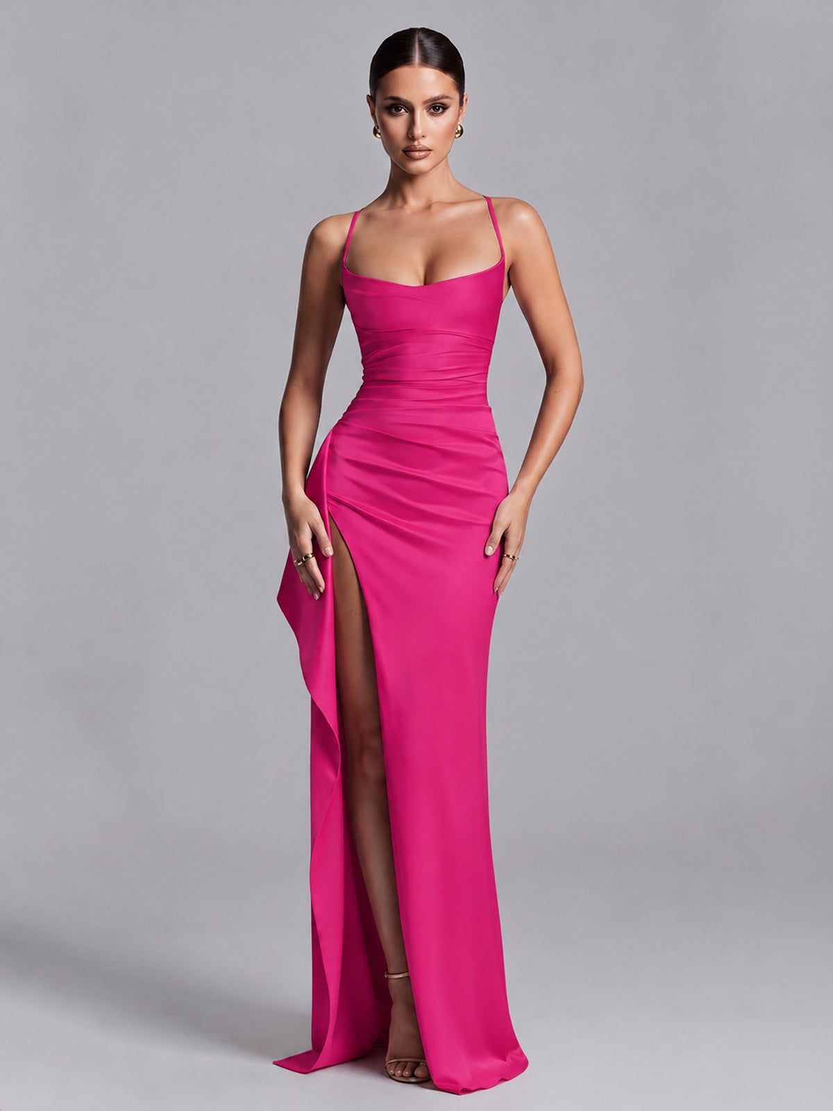 Hot Pink Squre Neck Pleated Satin Prom Dresses for Teens Women Long Evening Formal Gown with Slit Ruffles