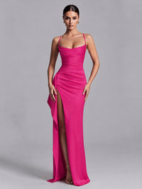Hot Pink Squre Neck Pleated Satin Prom Dresses for Teens Women Long Evening Formal Gown with Slit Ruffles