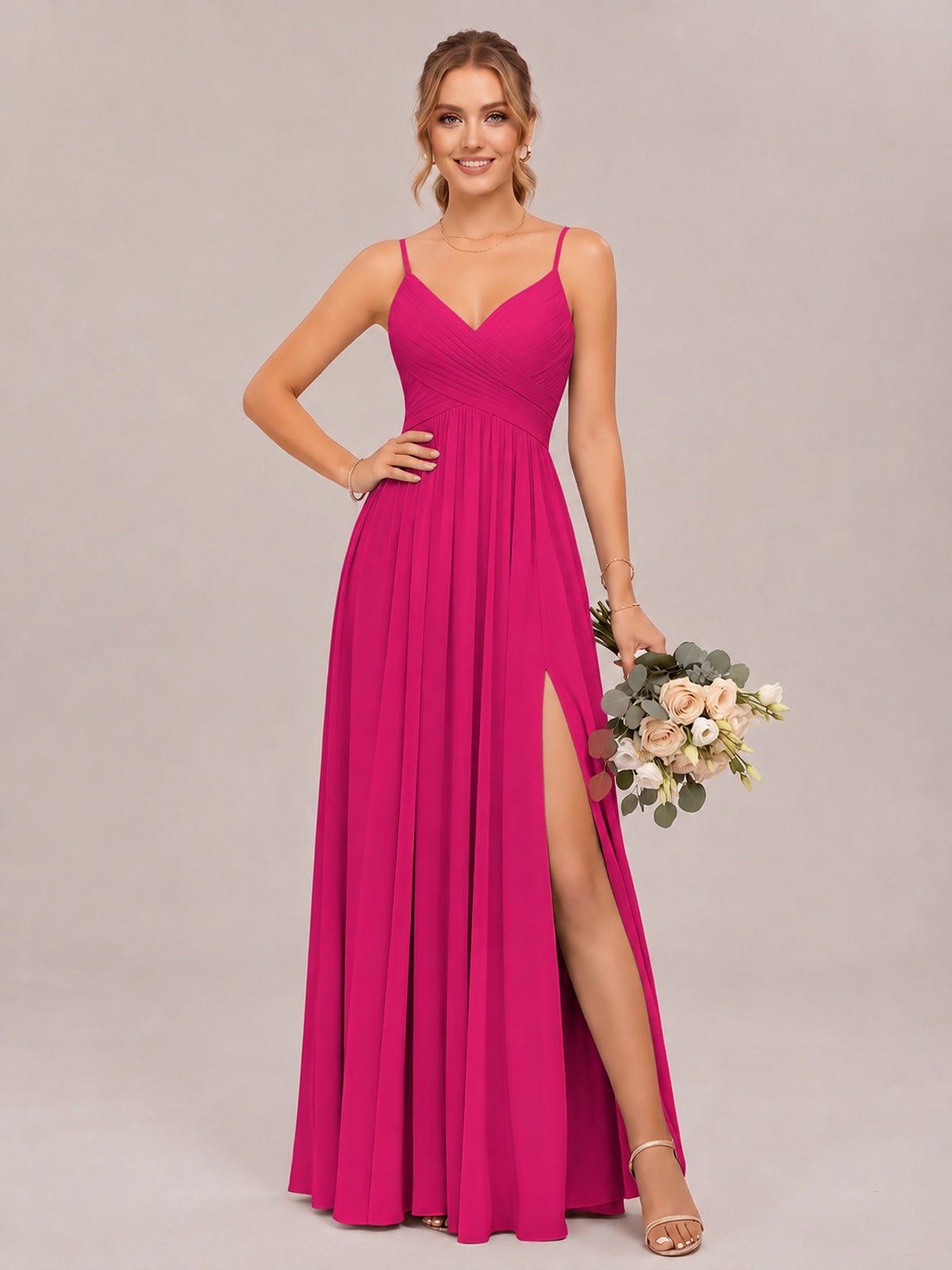 Hot Pink Spaghetti Straps Pleated Chiffon Bridesmaid Dress with Slit V-Neck A-line Long Formal Evening Wedding Guest Gown