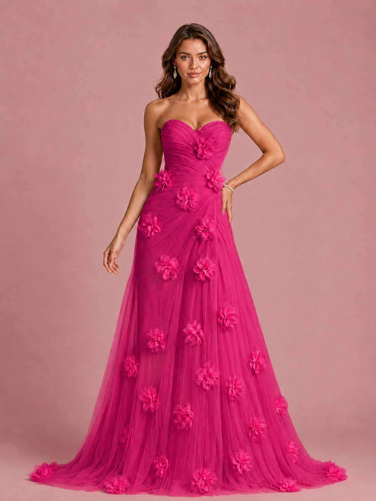 3D Floral Applique Strapless Tulle Prom Dress with High Slit