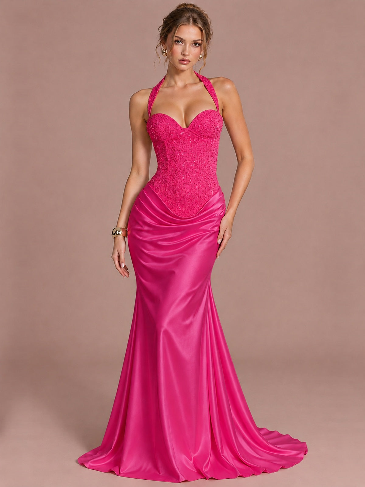 Hot Pink Sparkling Halter Corset Satin Mermaid Prom Dress Long Ruched Sequin Formal Gown Evening Party Dress