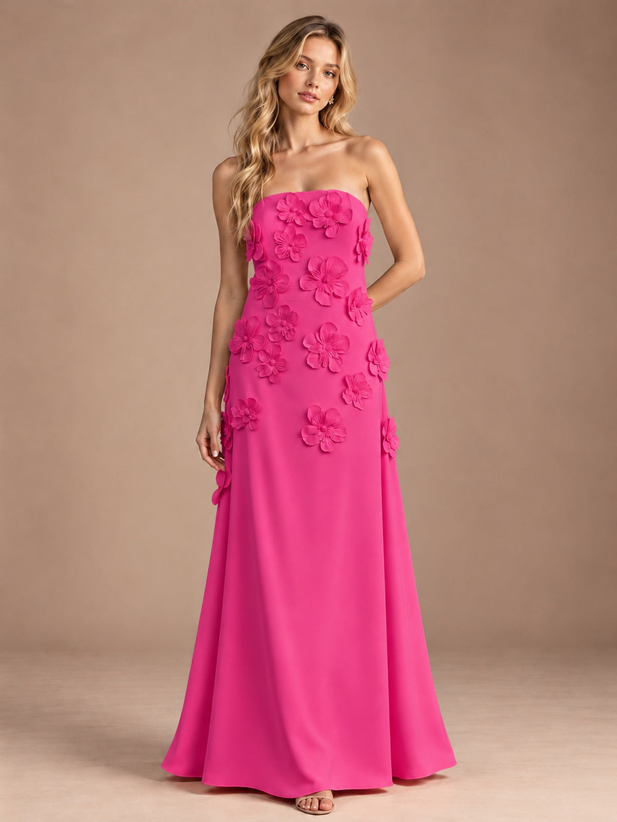 Hot Pink-Strapless 3D Floral A-line Satin Prom Maxi Dress Formal Evening Gown