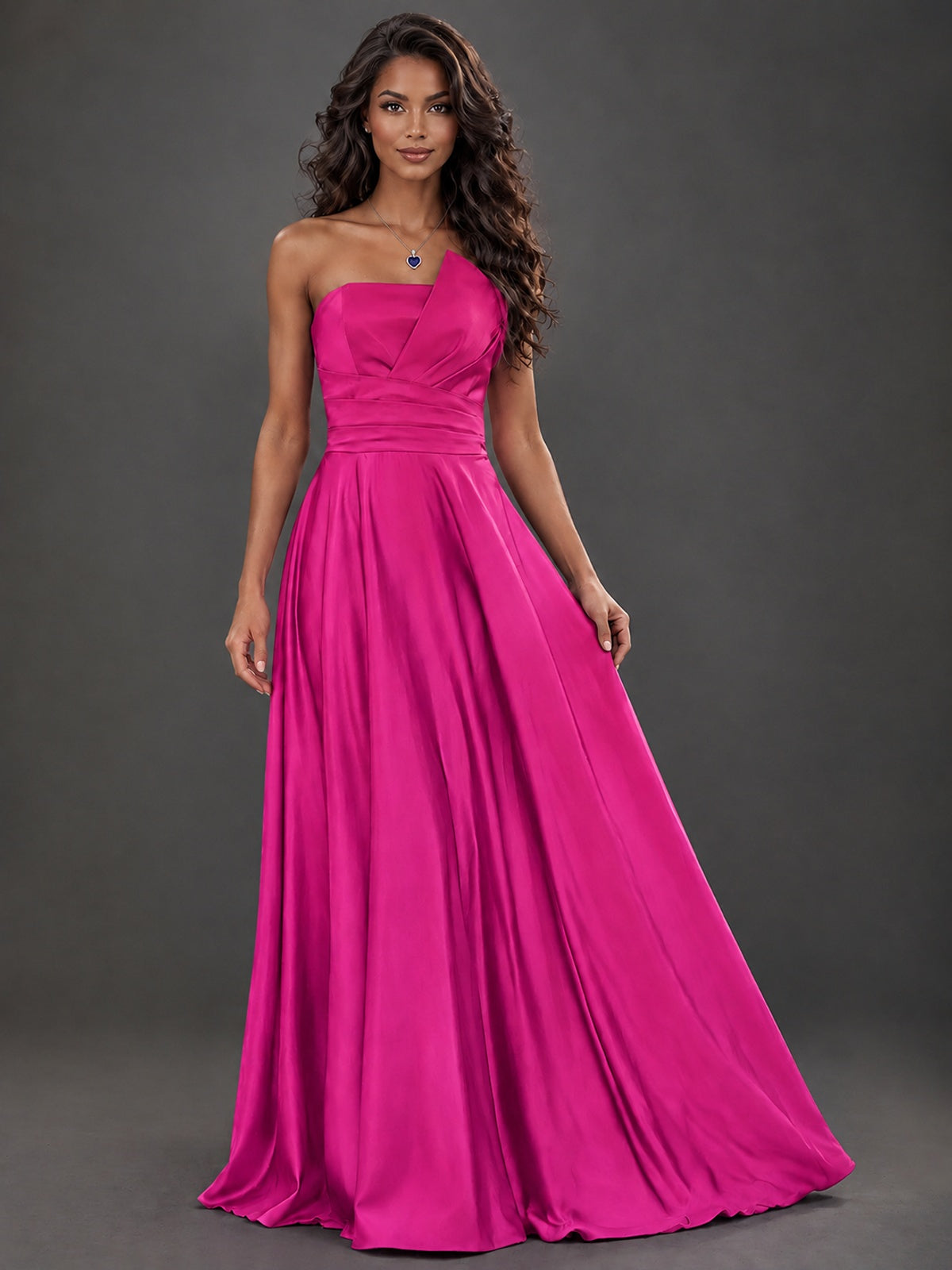 Draped Satin Prom Dress Strapless A-line Formal Dress Floor Length