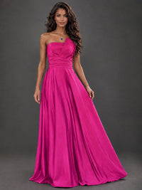 Draped Satin Prom Dress Strapless A-line Formal Dress Floor Length