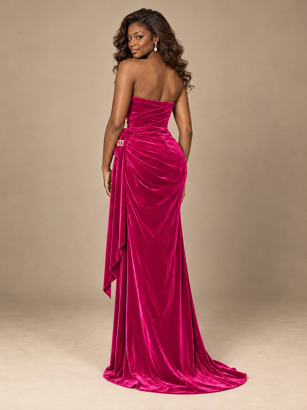 Burgundy Velvet Strapless Ruched Prom Dress with Jeweled Side Drape