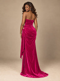 Burgundy Velvet Strapless Ruched Prom Dress with Jeweled Side Drape