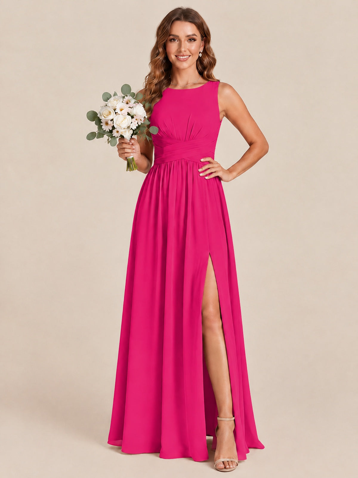 A-line Sleeveless Rucehd Chiffon Bridesmaid Dress with High Slit