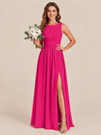 A-line Sleeveless Rucehd Chiffon Bridesmaid Dress with High Slit