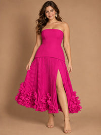 Navy Blue Strapless Pleated A-Line Midi Dress with 3D Floral Applique