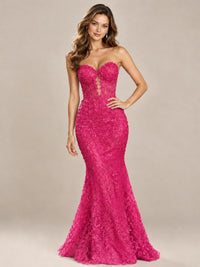 Strapless Corset Mermaid Prom Dress with Floral Lace Appliqué