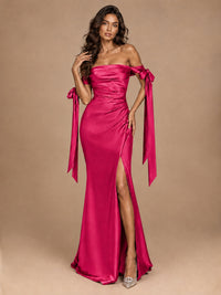 Off The Shuolder Satin Prom Dress Slit Mermaid Formal Gowns