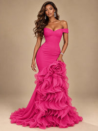 Dusty Blue Off-the-Shoulder Mermaid Prom Dress with 3D Rose & Ruffles