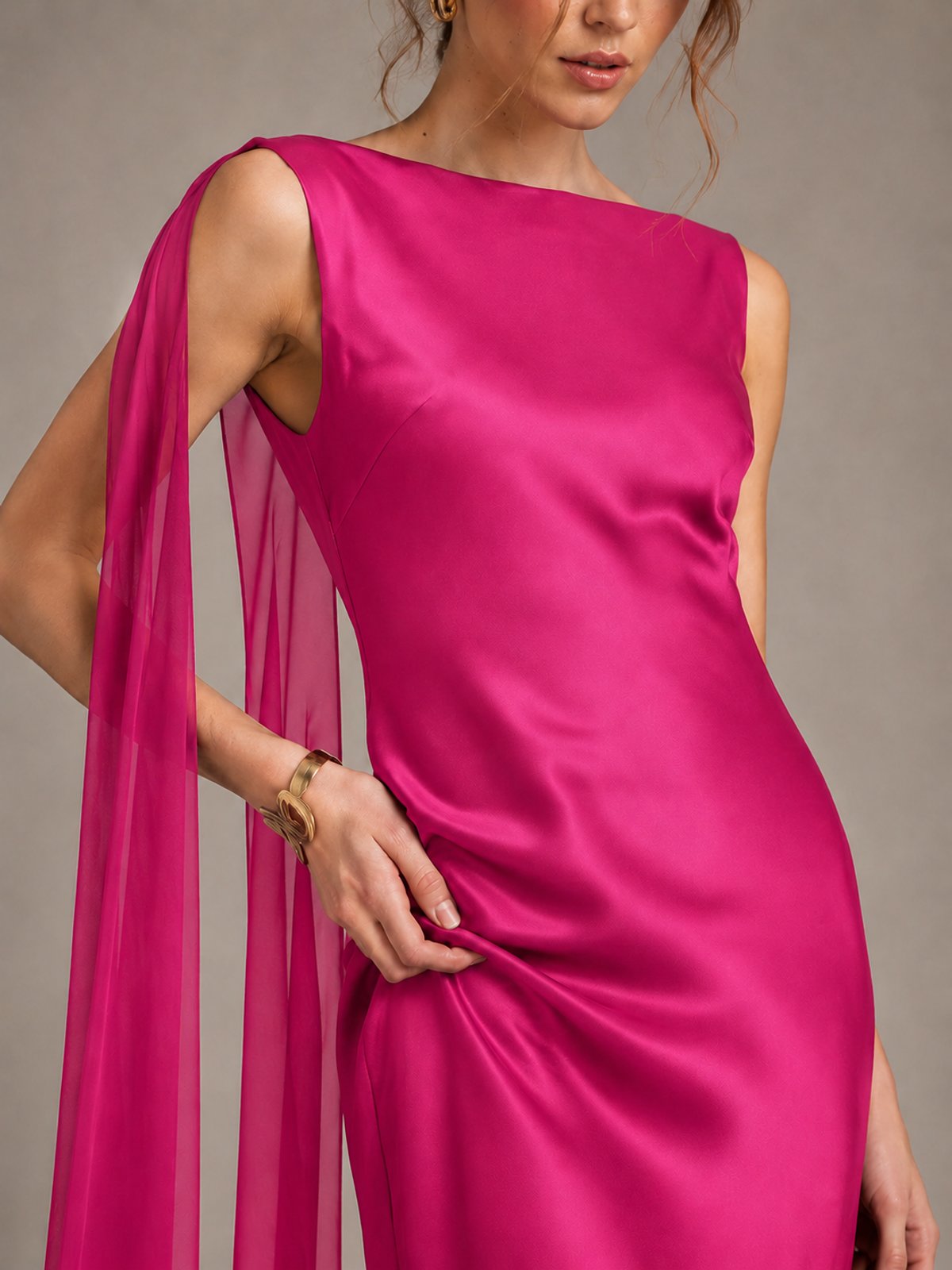 Burgundy Satin Mermaid Cape Maxi Dress