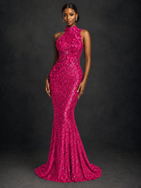 Sparkly Sequin High Neck Mermaid Prom Dress