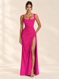 Square Neck Satin Sleeveless Ruched Prom Dress with High Slit