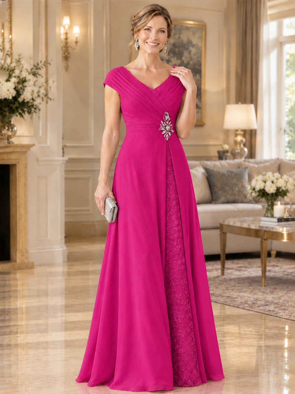 Pleated Chiffon Lace Mother of The Bride Dresses with Beading Cap Sleeves