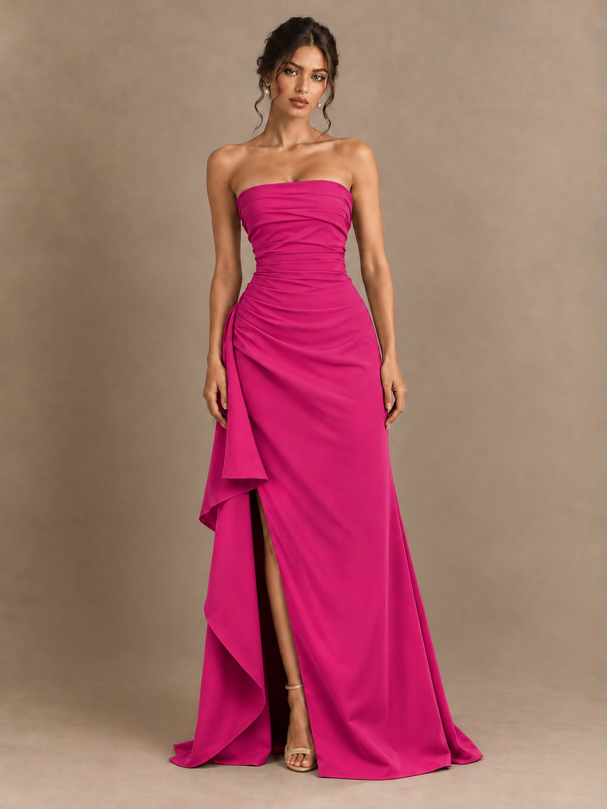 Black and White Strapless Ruched Prom Dress with High Slit & Side Drape