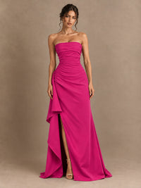 Black and White Strapless Ruched Prom Dress with High Slit & Side Drape