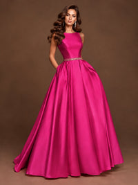 Satin A-Line Prom Dress Sleeveless Beaded Waist Formal Gown with Pockets