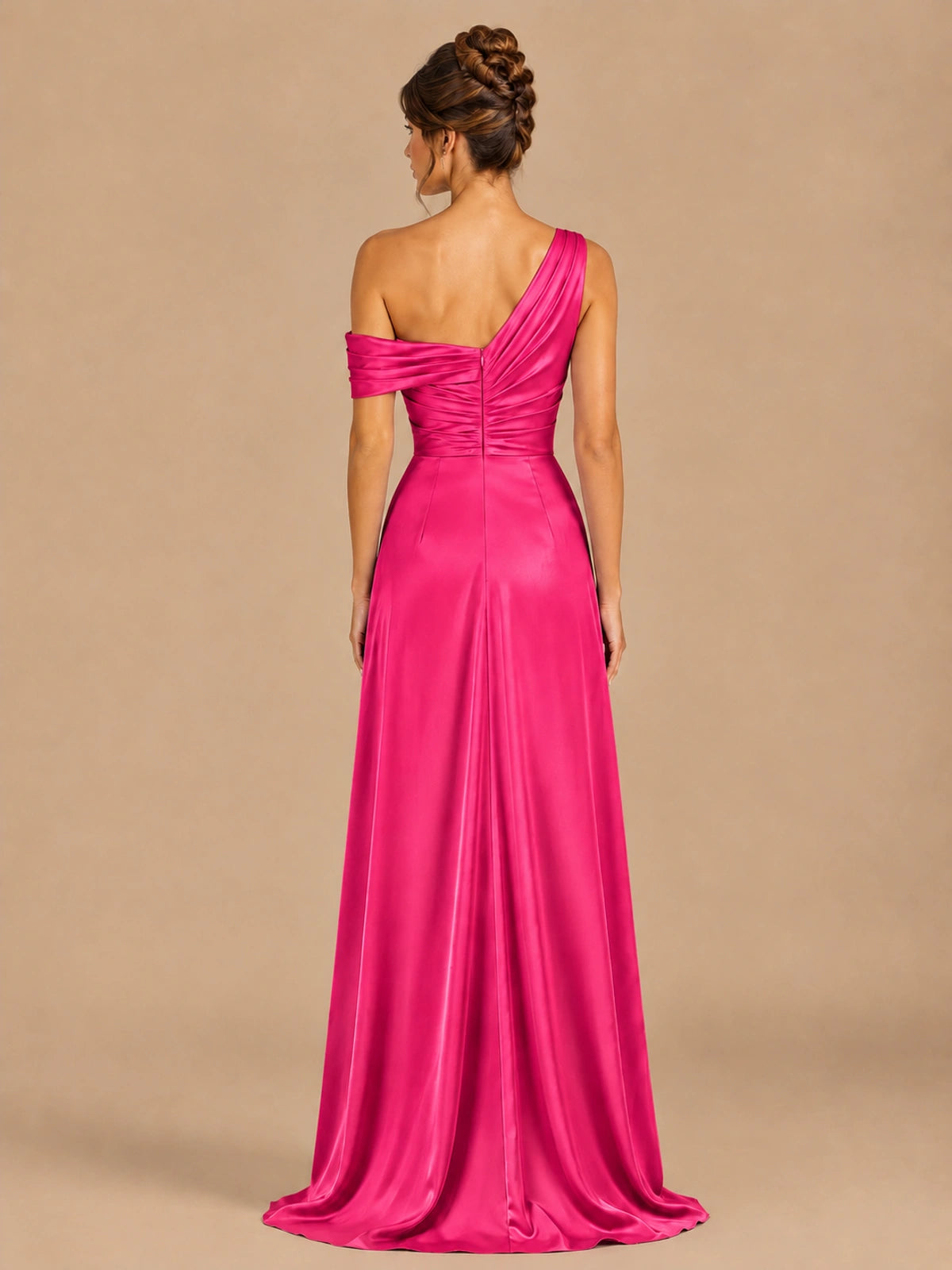Satin One Shoulder Prom Dress Ruched Long Formal Evening Gown