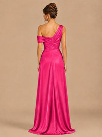 Satin One Shoulder Prom Dress Ruched Long Formal Evening Gown