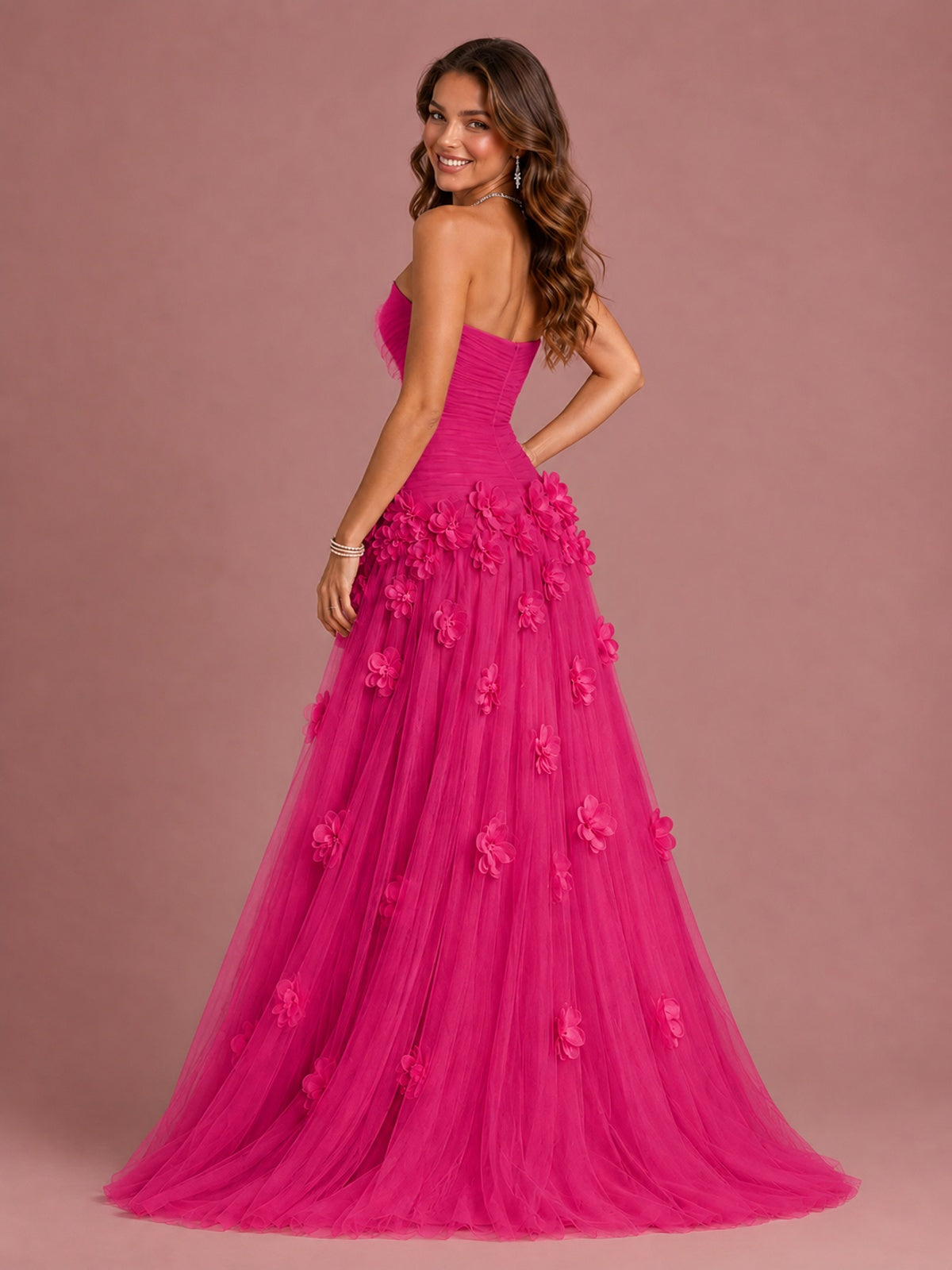 Blush Pink Strapless Sweetheart 3D Floral Tulle Ball Gown Prom Dres