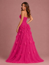 Blush Pink Strapless Sweetheart 3D Floral Tulle Ball Gown Prom Dres