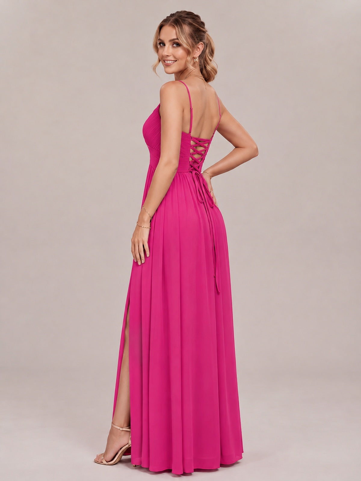 V-Neck Pleated Chiffon Long Bridesmaid Dress with Slit