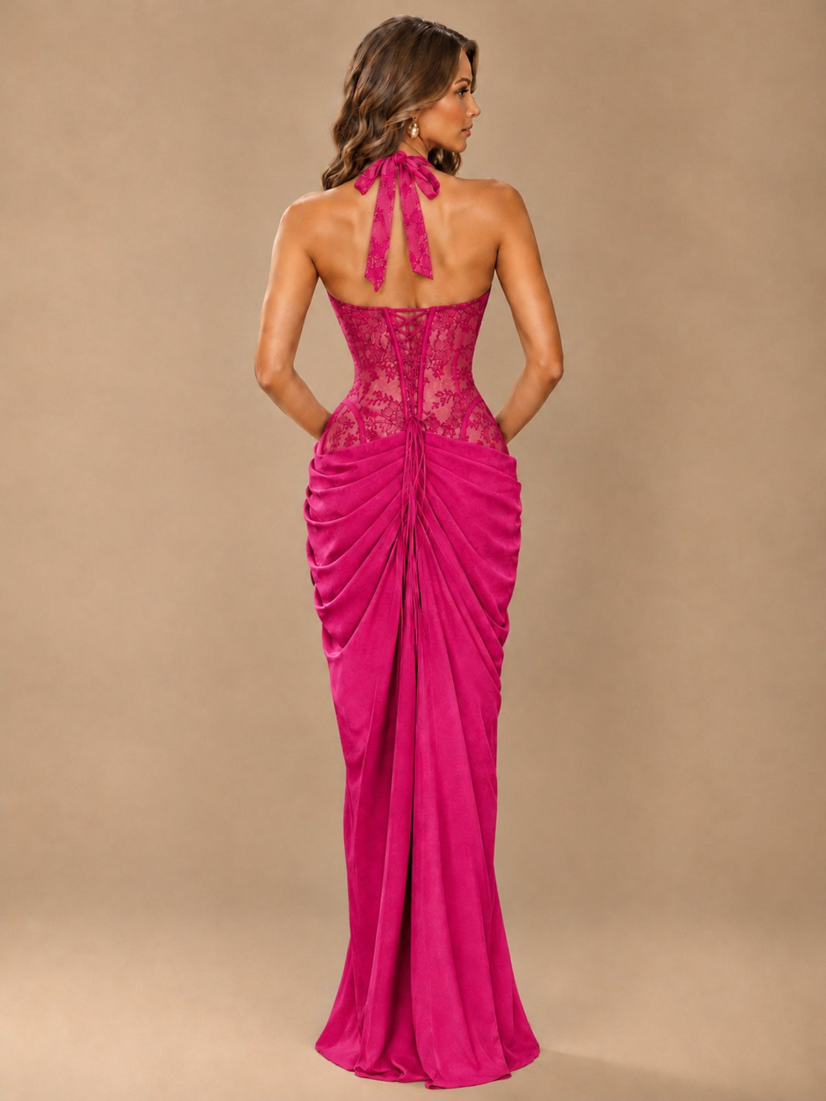 Sweetheart Halter Prom Dress Pleated Lace Floral Formal Dress with Slit