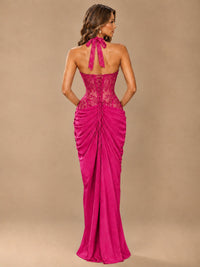 Sweetheart Halter Prom Dress Pleated Lace Floral Formal Dress with Slit