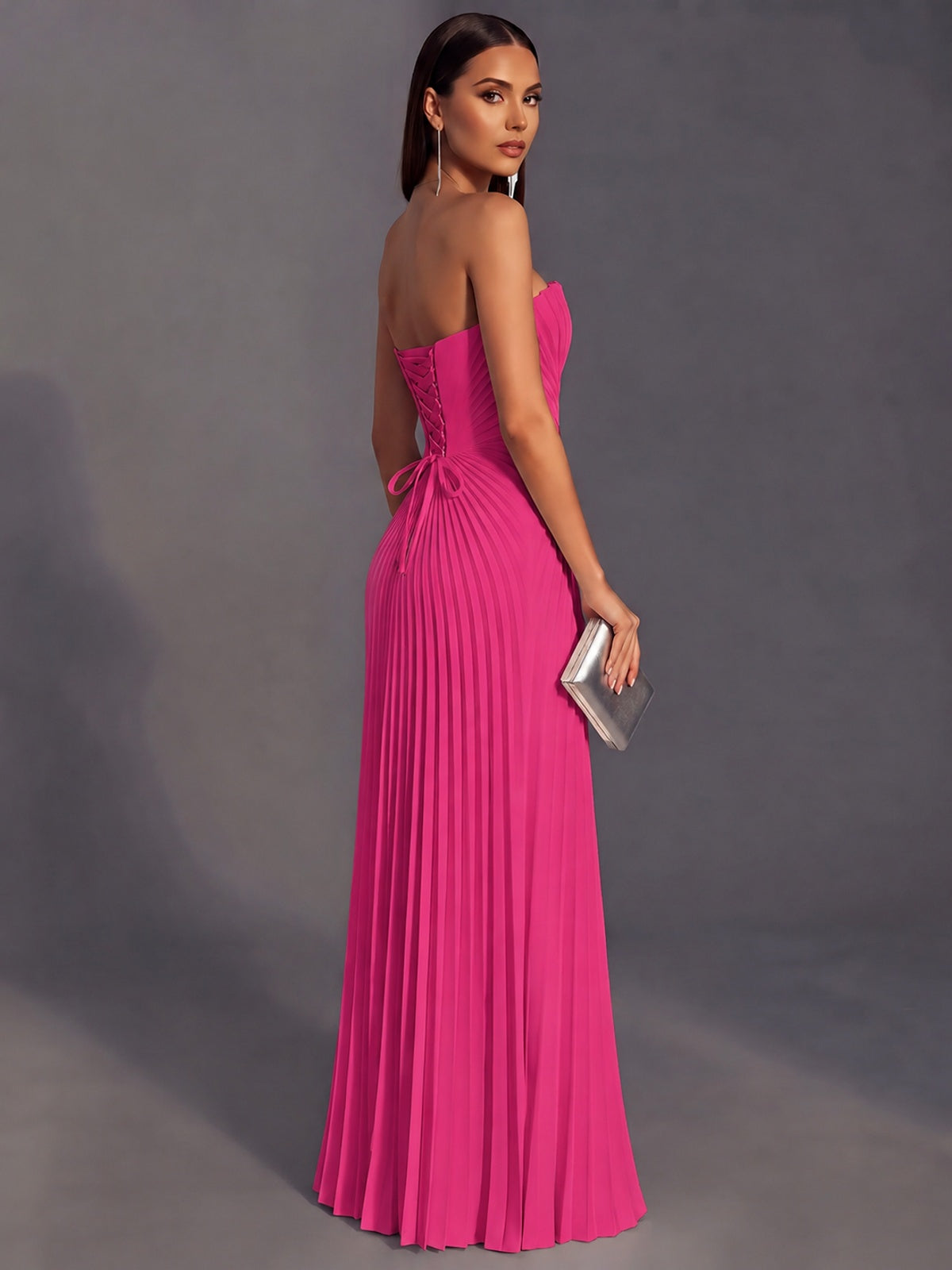 Strapless A-line Long Pleated Satin Prom Dress