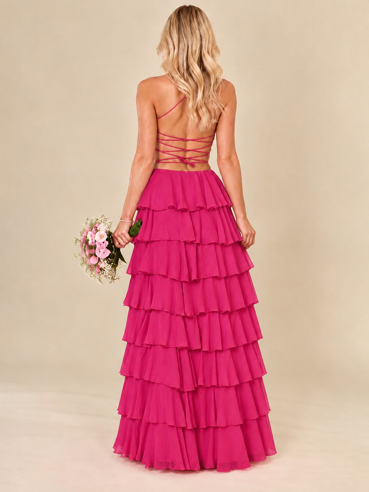 Ruffled Tiered Chiffon Prom Dress Spaghetti Straps Formal Maxi Dress with Slit