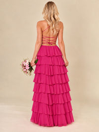Ruffled Tiered Chiffon Prom Dress Spaghetti Straps Formal Maxi Dress with Slit