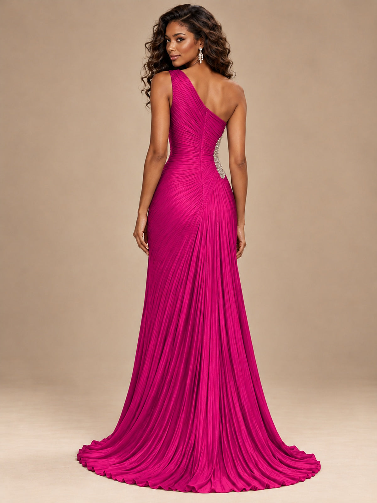 Burgundy One Shoulder Ruched Prom Dress with High Slit & Beaded Waist
