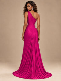 Burgundy One Shoulder Ruched Prom Dress with High Slit & Beaded Waist