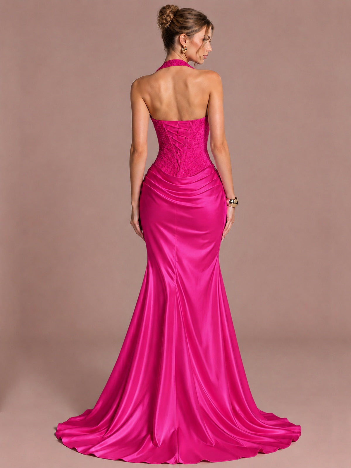 Sparkling Halter Corset Satin Mermaid Prom Dress