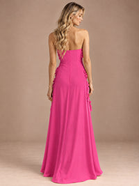 Yellow Strapless A-line Satin Maxi Dress with 3D Floral