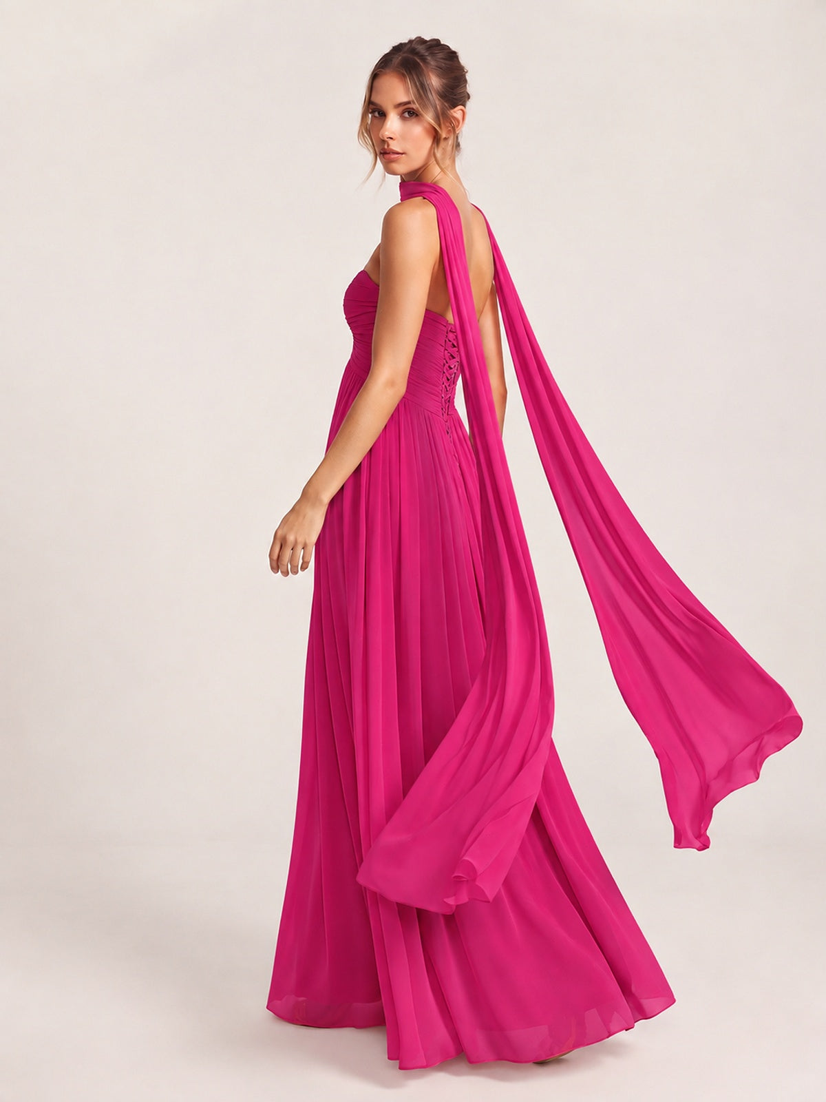 Strapless Ruched Chiffon Long Prom Dress with Scarf
