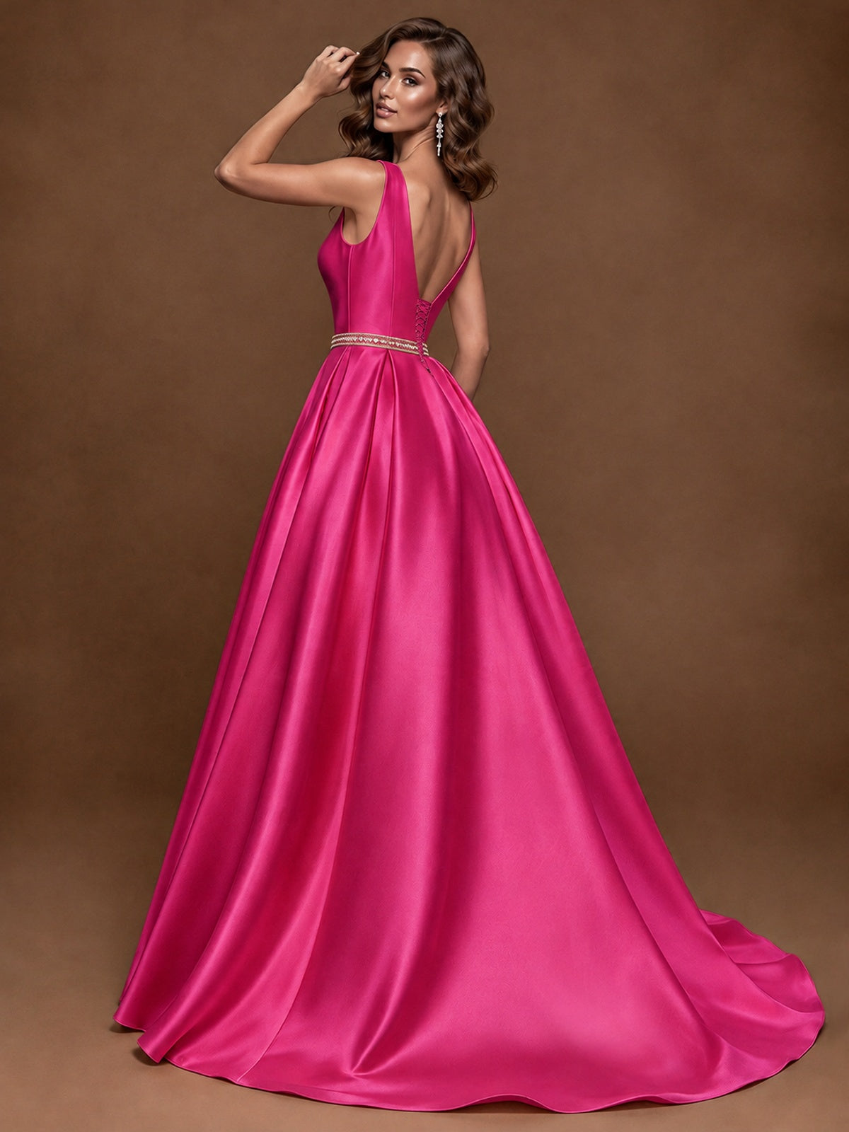 Satin A-Line Prom Dress Sleeveless Beaded Waist Formal Gown with Pockets