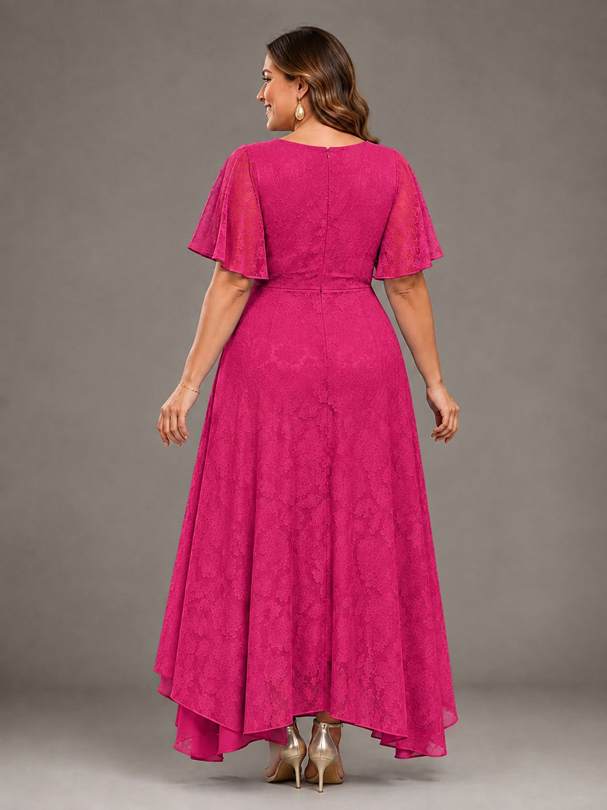 Jacquard Chiffon A-Line V-Neck High-Low Mother of the Bride Dress