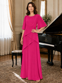 Asymmetric Draped Chiffon Mother of the Bride Dress with Flutter Sleeves
