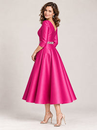 V-Neck Tea-Length Mother of the Bride Dress with Embellished Waist
