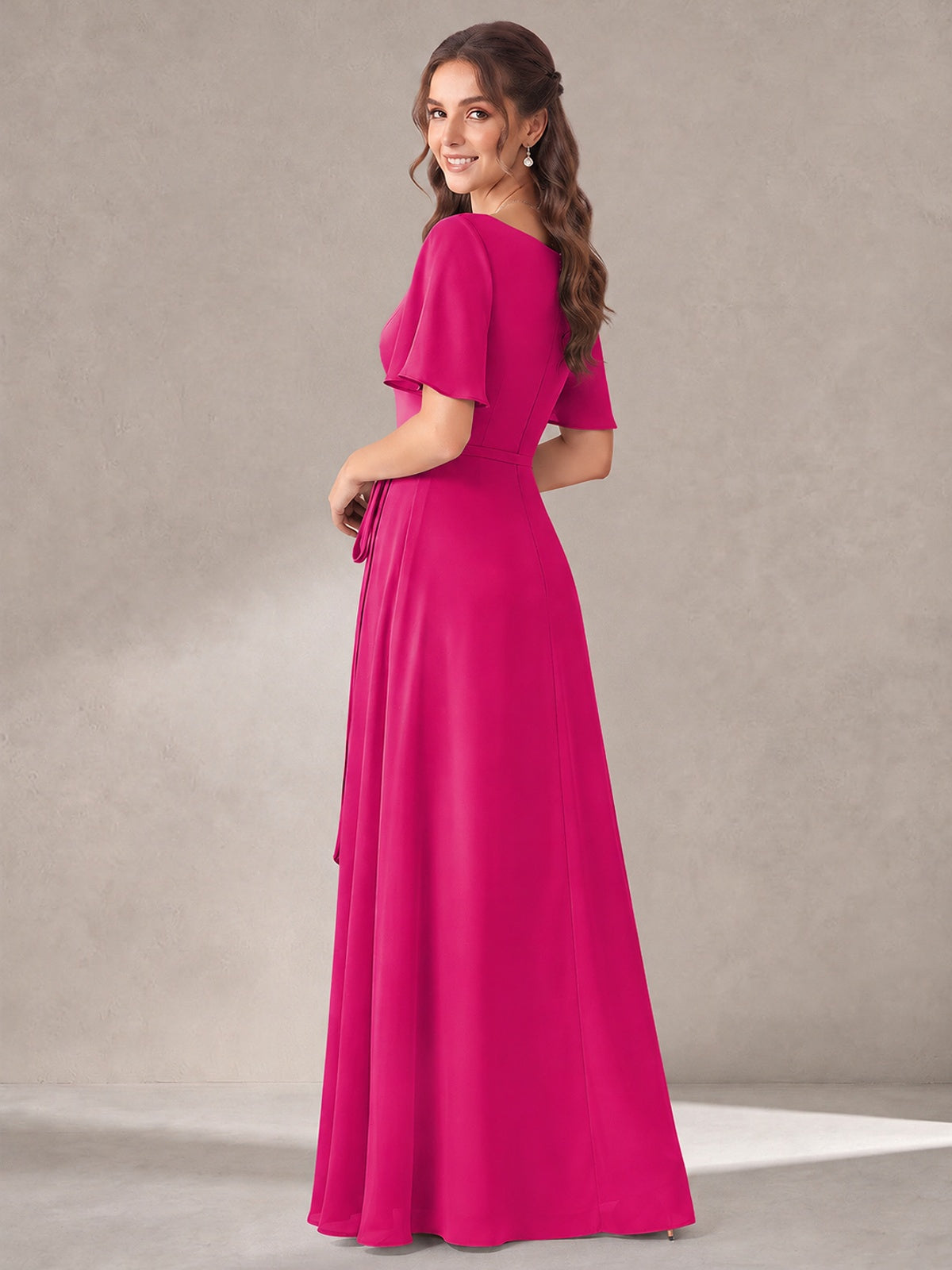 Scoop Neck A-line Chiffon Bridesmaid Dress with Flutter Sleeve & Belt