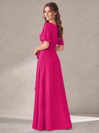 Scoop Neck A-line Chiffon Bridesmaid Dress with Flutter Sleeve & Belt