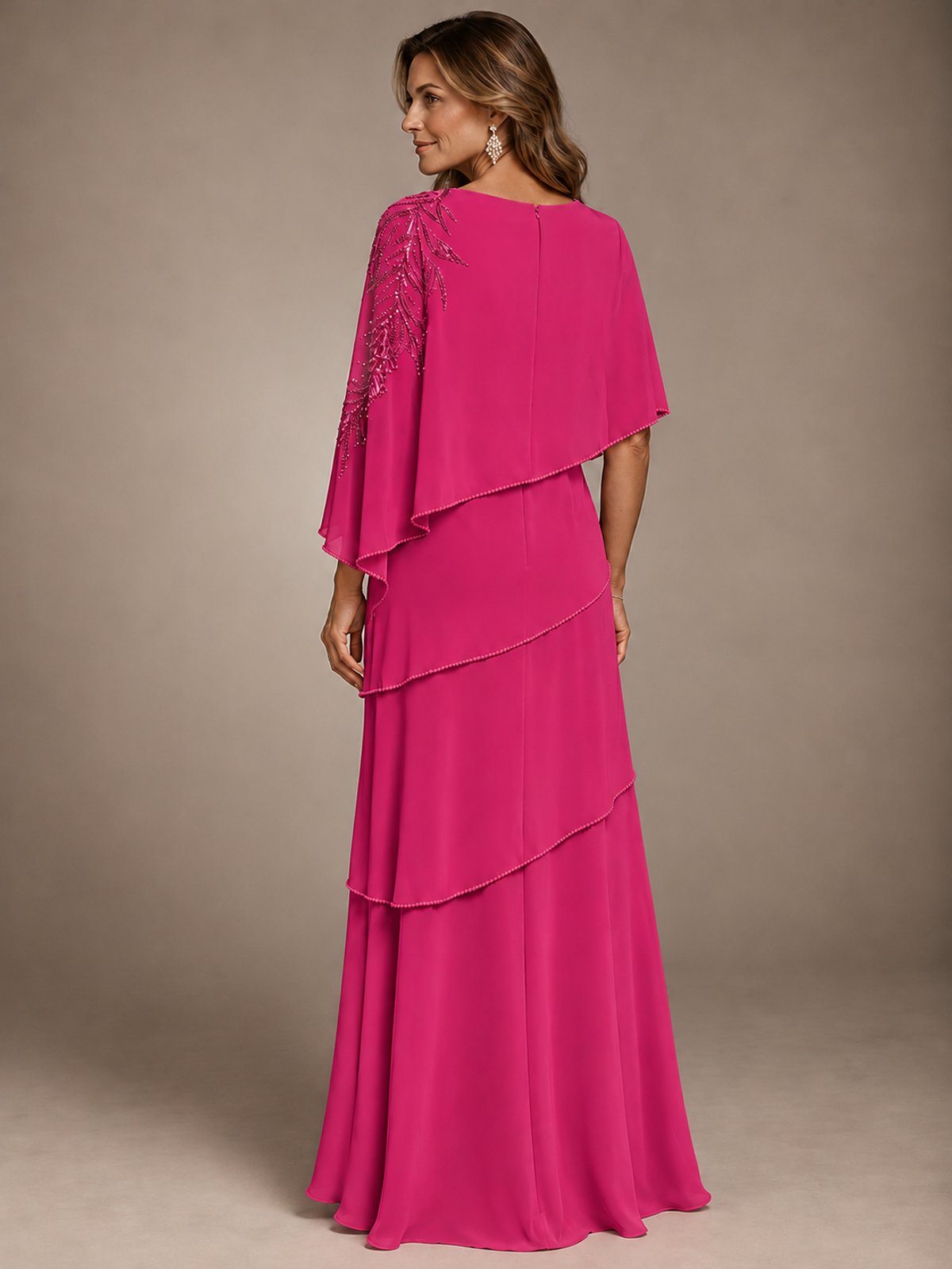 Elegant Chiffon Cape Sleeve Beaded Mother of the Bride Dress