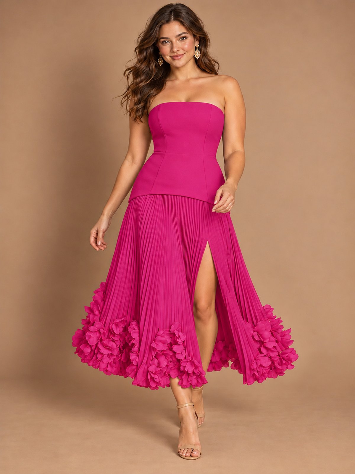 Navy Blue Strapless Pleated A-Line Midi Dress with 3D Floral Applique