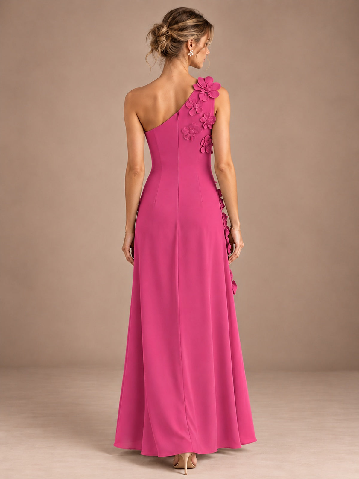 Sage Green One Shoulder Satin Formal Maxi Dress with 3D Floral