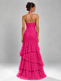 Halter Tiered Mermaid Prom Dress with Sparkly Lace