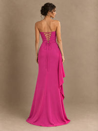 Black and White Strapless Ruched Prom Dress with High Slit & Side Drape