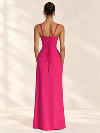 Square Neck Satin Sleeveless Ruched Prom Dress with High Slit